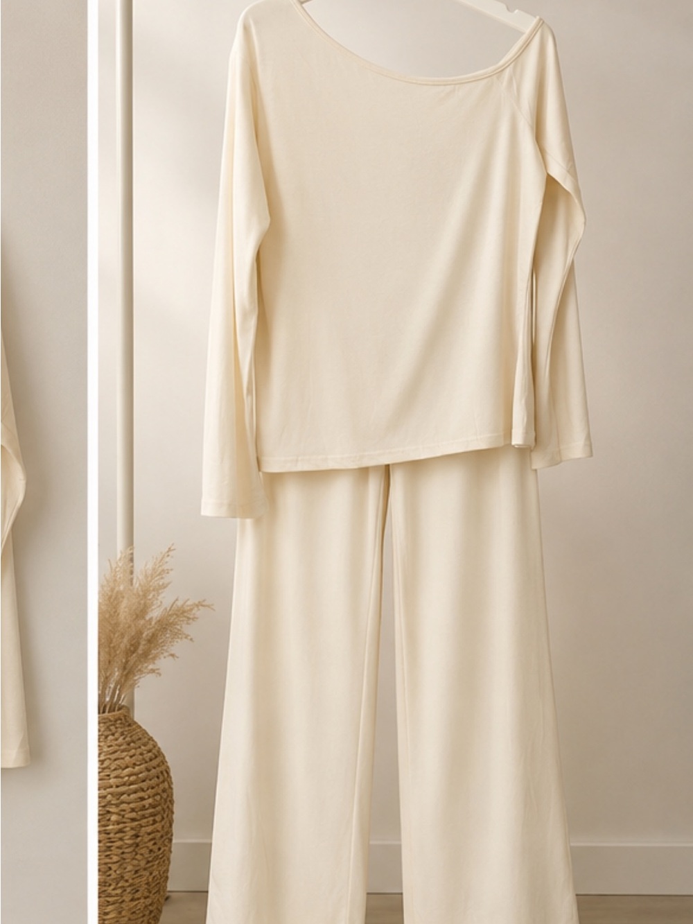Cream Lounge Set - Soft Long Sleeve Top & Wide Leg Pants